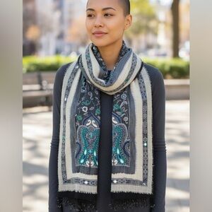 Hand Embroidered Boiled Wool Scarf Shawl Turquoise 68” x 27” Lagenlook